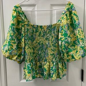THML green, yellow and blue floral PUFF SLEEVE shirt, size large. Dressy top